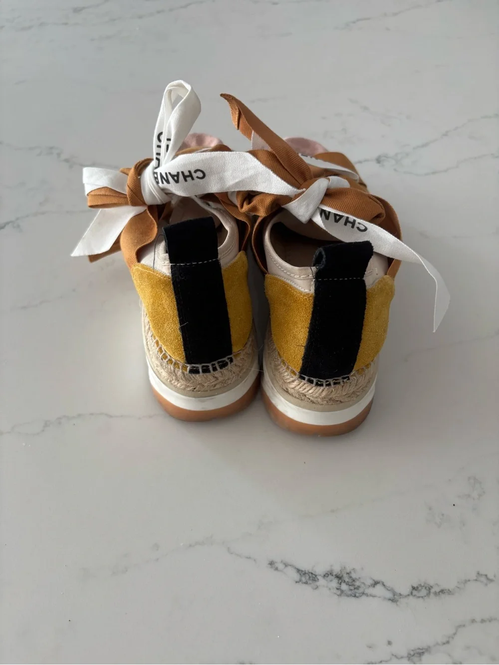CHANEL Laced Free Tan & Pink Canvas Espadrille Platform Sandals with Ribbon Ties